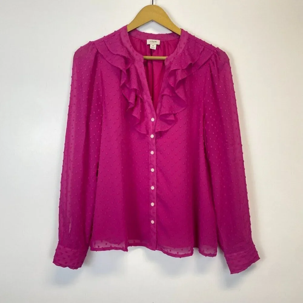 J. Crew Pink Textured Chiffon Ruffle Button Up Blouse